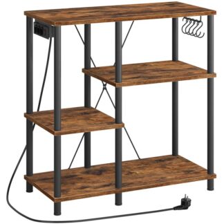 baker's rack with sockets, kitchen shelf, standing shelf, microwave shelf with 5 s-hooks, coffee bar, kitchen shelf storage, storage shelf, vintage brown and black