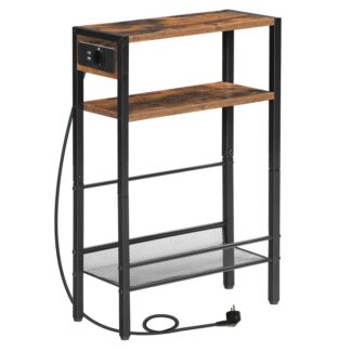 Side table with power strip, 3-level narrow bedside table, 1 standard socket and 2 USB, magazine holder with protective fence for living room, bedroom, vintage brown