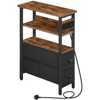 Side Table with Charging Station, Narrow Side Table with 2 Non-Woven Drawers, USB Ports and Power Outlet, 40 x 18 x 60 cm Slim Bedside Table for Small Space, Rustic Brown and Black