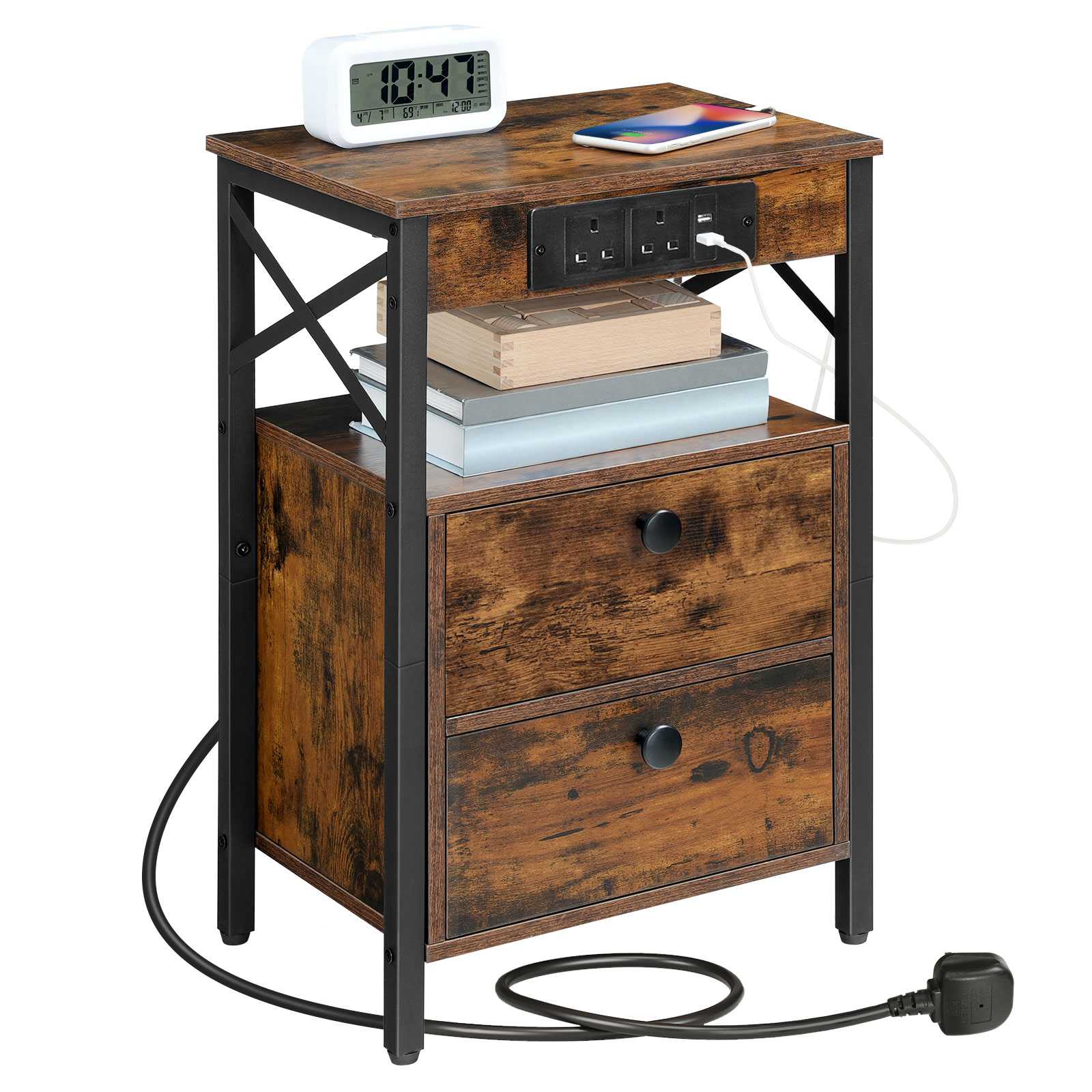 comodino con stazione di ricarica, Tavolo laterale con 2 porte USB e 2 Outlet AC, tavolino con il letto con 2 Compartimenti di ribaltamento, tavolino del divano, per soggiorno, marrone rustico