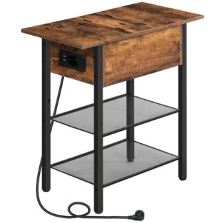 Tavolino, Tavolo da comodino ribaltabile con socket, Tavolo di divano con lembo, Piedini regolabili, Tavolino sottile per soggiorno, Camera da letto, Marrone/Nero vintage