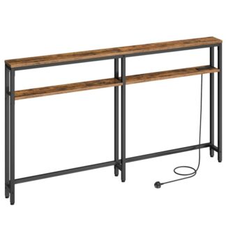 Slim Console Table with Charging Station, 100 cm Tall Behind Sofa Couch Table, 180 cm Extra Long Sofa Table with Shelf, Narrow Console Table for Hallway, Entryway, Rustic Brown