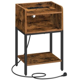 side table with charging station, bedside table with open drawer, sofa table with usb ports and sockets for bedroom, living room, vintage brown/black?