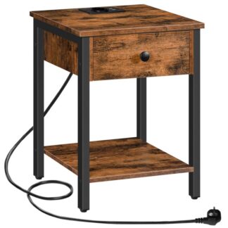 прикроватная стола с зарядной станцией и USB -портами, приставной столик с ящиком и полкой, прикроватная стола для небольших помещений и спален, Винтажный коричневый/черный