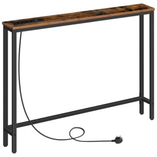slim console table with charging station, hallway table with usb ports and power outlets, 100 cm long, narrow sofa/behind couch table for entryway, small spaces, rustic brown