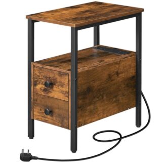 side table, narrow bed side table with charging station, usb ports & power outlets, slim side table for small spaces, 2 drawers, industrial nightstand, rustic brown and black
