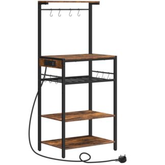 bakers rack with power outlet, free standing kitchen shelves, 4-tier microwave stand, kitchen storage unit with adjustable wine rack, for dinning room, living room, rustic brown