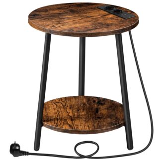 طاولة جانبية مع محطة شحن, طاولة القهوة المستديرة مع 2 المستويات, طاولة غرفة المعيشة, طاولة بجانب السرير للمساحات الصغيرة, طاولة أريكة لغرفة المعيشة, غرفة نوم, بني خمر والأسود