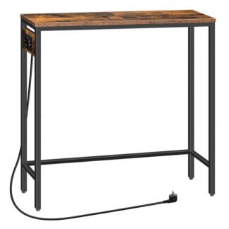 Tabella della console sottile con stazione di ricarica e porte USB, 75 Tavolo laterale CM, tavolo del corridoio, Tavolo espositivo, Tavolo di divano per piccolo spazio, Entrata, corridoio, Marrone scuro/nero