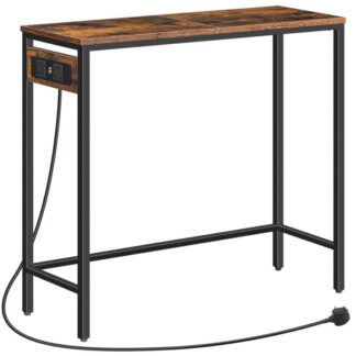 console table with power outlets, slim console table with charging station, hallway table, narrow sofa table for small spaces, hallway, entryway, living room, rustic brown and black