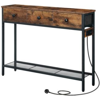 Console Table for Hallway, 100 cm Console Table with Power Outlet, Slim Sofa Table with 3 Non-Woven Drawers, 2-Tier Hallway Table for Living Room, Rustic Brown and Black