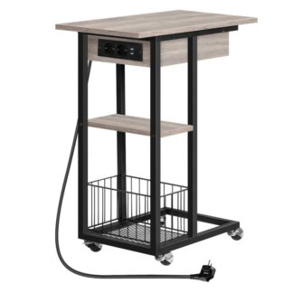 طاولة قهوة طويلة مع محطة شحن, مع عجلات ورفوف التخزين, ج الجدول الجانبي للشكل, منفذ USB والمقبس, طاولة أريكة لغرفة المعيشة, غرفة نوم, greige والأسود