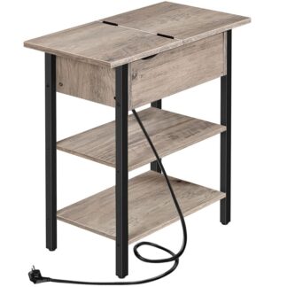 side table, folding sofa table with charging points and storage shelf, narrow bedside table for small spaces, stable structure, grey and black