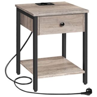 прикроватная стола с зарядной станцией и портом USB, с ящиком и хранением, для небольшого пространства и спальни, серый