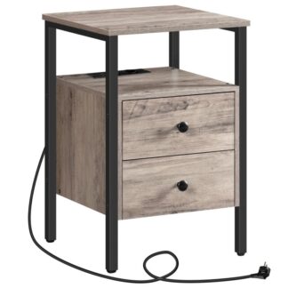 bedside table with eu plug, coffee table with drawers and storage shelves, suitable for small spaces, living room, bedroom, grege, black