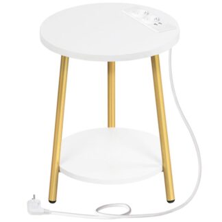 طاولة جانبية مع محطة شحن, طاولة القهوة المستديرة مع 2 طبقات, طاولة غرفة المعيشة, منضدة للمساحات الصغيرة, طاولة أريكة لغرفة المعيشة, غرفة نوم, الأبيض والذهبي