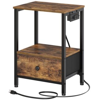 طاولة جانبية مع محطة شحن, منضدة مع منافذ USB, مع درج ورفوف تخزين, طاولة جانبية صناعية صغيرة للمساحات الضيقة, غرفة الجلوس, غرفة نوم, الرجعية البني والأسود
