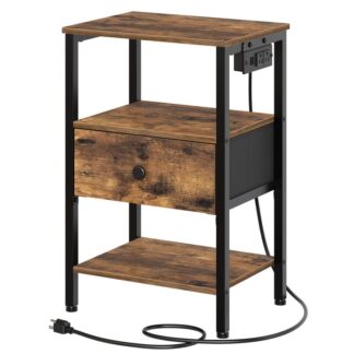 Table de nuit avec station de recharge, Table d'appoint avec tiroirs en tissu non tissé, Table de bout avec rangement, Table de chevet pour le salon, Chambre à coucher, Bureau, Brun rustique et noir