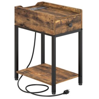 Schmaler Beistelltisch mit drahtloser Ladestation, Endtisch mit nicht gewebten Stoffschubladen, Nachttisch mit USB und Outlets, für Wohnzimmer, Schlafzimmer, rustikales Braun