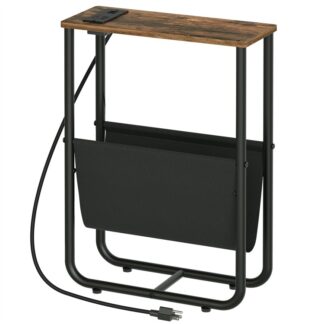 narrow end table with charging station, slim side table with storage, skinny end table with magazine holder, narrow end table, nightstand for bedroom, living room, rustic brown