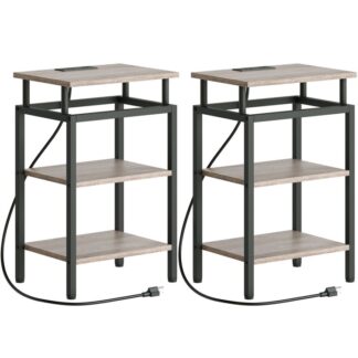 Beistelltisch mit Ladestation, Satz von 2, Beistelltisch mit USB-Anschlüssen und Steckdosen, kleiner Nachttisch mit 3-stufiger Lagerregal, Nachttisch für kleine Räume, Greige und Schwarz