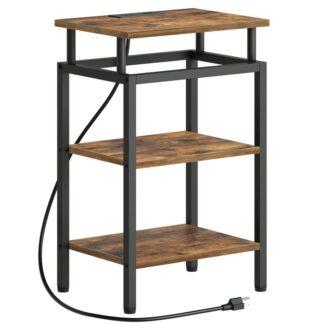 Beistelltisch mit Ladestation, Beistelltisch mit USB-Anschlüssen und -Ausgängen, Kleiner Nachttisch mit 3-stufigem Ablagefach, Nachttisch für kleine Räume, Wohnzimmer, Rustikalbraun und schwarz