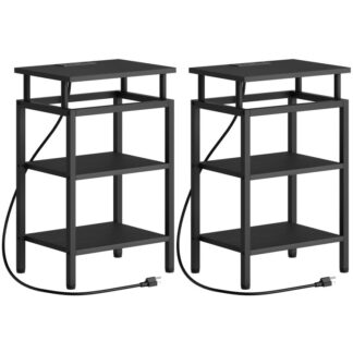 Beistelltisch mit Ladestation, Satz von 2, Beistelltisch mit USB-Anschlüssen und Steckdosen, kleiner Nachttisch mit 3-stufiger Lagerregal, Nachttisch für kleine Räume, Wohnzimmer, Schwarz