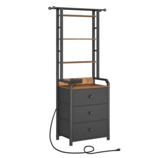 seastán oíche ard le stáisiún luchtaithe, 56" Tá tábla cois leapa ard le 3 tarraiceán fabraic, seastán oíche le seilf leabhar, Tábla taobh deiridh don seomra leapa, dornán, oifig, Rustic donn agus dubh