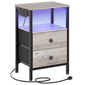 Szafki nocne ze stacją ładującą, Stolik nocny z oświetleniem LED, Stolik boczny z 2 Szuflady z włókniny, Sypialnia ze stołem końcowym, Stoliki nocne do sypialni, Szaro-czarny