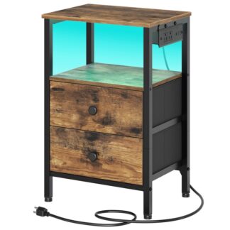 Stocks ze stacją ładowania, Nocna stojak z światłami LED, stół boczny z 2 szuflady z włókniny, Sypialnia końcowa, Stoły nocne do sypialni, rustykalny brąz i czarny