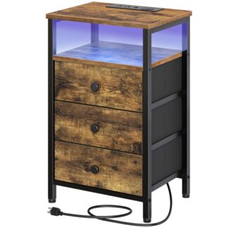 Stato nocne, Nocna stojak z bezprzewodową stacją ładowania, Stół boczny ze światłami LED, stół końcowy z 3 szuflady z włókniny, Stoły nocne do salonu, sypialnia, Rustykalny brąz