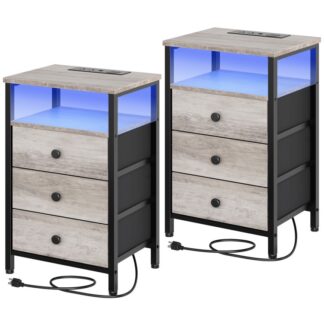 nightstands set of 2, night stand with wireless charging station, side table with led lights, end table with 3 non-woven drawers, bedside tables for living room, bedroom, greige