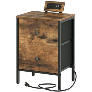 nightstands, end tables with charging station, side table with 2 drawers, beside table, night stands for small spaces, bedroom, rustic brown