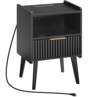 طاولة نهائية لغرفة المعيشة منضدة ليلية مخددة, 15.9" طاولة جانبية حديثة مع طاولة شحن على جانب شحن مع درج للمساحات الصغيرة, غرفة نوم, غرفة الجلوس, أسود