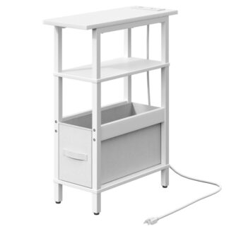 Narrow Side Table with Charging Station, Small Skinny End Table with Fabric Storage, Slim Nightstand for Small Spaces, Thin Sofa Side Table for Living Room, Bedroom, White