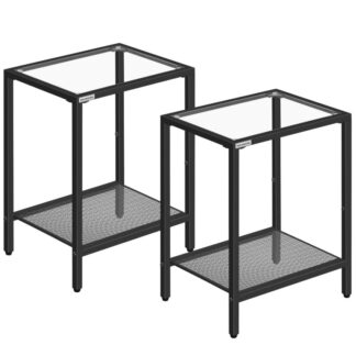 طاولات نهاية مجموعة من 2, طاولة جانبية مع قمة زجاجية مقسمة, ضيق بجانب الطاولة لمساحة صغيرة, 2-طبقة منضدة مع رف التخزين, لأريكة الأريكة والسرير, التجميع سهل, أسود