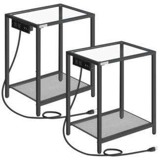 Boční stoly s nabíjecí stanicí, sada 2 Koncové tabulky s porty USB & Vývody napájení, vedle stolu pro malý prostor, 2-Noční stojan s temperovaným sklem, pro ložnici, černý