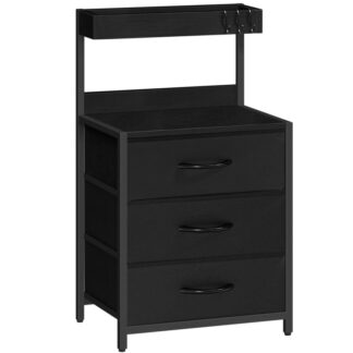 موقف ليلي, منضدة مع 3 أدراج تخزين النسيج, طاولة السرير مع رف التخزين, طاولة جانب السرير لغرفة النوم, غرفة المعيشة, أسود