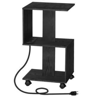 Úzký noční stolek s nabíjecí stanicí, Bílý lůžkový stůl s vývody a porty USB, S boční stůl ve tvaru písmene S., 3-Noční stojan s koly, pro Ložnici, Obývací pokoj, Černý