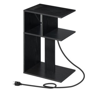 End Table with Charging Station, Narrow Side Table for Small Spaces, Slim Nightstand with Light, C-Shaped Beside Table with Storage Shelf, for Bedroom, Living Room, White