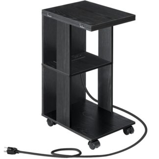 C-Shaped Side Table with Charging Station, Folding Narrow End Table, 3-Tier Narrow Nightstand with Wheels, Small End Table for Small Spaces, for Living Room Bedroom, Black
