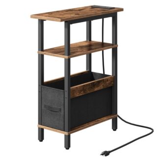 narrow side table with charging station, small skinny end table with fabric storage, slim nightstand for small spaces, thin sofa side table for living room, bedroom, rustic brown