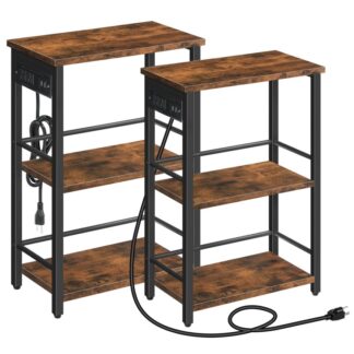 side table with charging station, 2 set narrow end table for small spaces, skinny sofa beside table with usb ports and outlet, slim nightstand with storage shelf, rustic brown