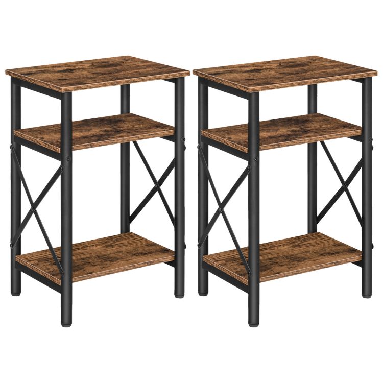 Side Tables, Nightstands Set of 2, End Tables with Storage Shelf, Tall Bedside Tables with X-Shaped Design, for Living Room, Bedroom, Steel Frame, Easy Assembly, Rustic Brown