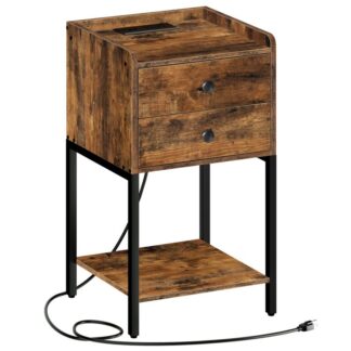 тумбочка с зарядной станцией, Конечный стол с розетками питания & USB -порты, высокий боковой стол с 2 ящики и деревянная полка, прикроватный стол для спальни, гостиная, деревенский коричневый