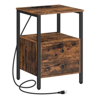 nightstand with charging station, side table with power outlets & usb ports, end table with 2 wooden drawers, sofa table for living room, bedroom, easy assembly, rustic brown