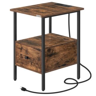 Koncový stůl s nabíjecí stanicí, Úzký boční stůl se zásuvkou, Lůžkový stůl s vývody a porty USB, Boční stůl pro pohovku malého prostoru, pro Ložnici, Obývací pokoj, Rustikální hnědá