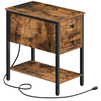 end table with charging station, nightstand with power outlets & usb ports, narrow side table with 2 wooden drawers, sofa table for small spaces, bedroom, living room, rustic brown