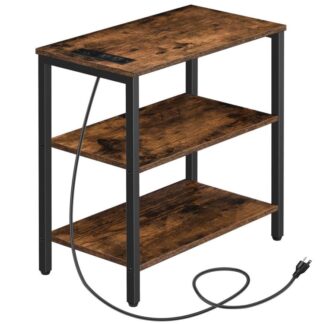 Beistelltisch mit Ladestation, Schmaler Beistelltisch mit USB-Anschlüssen und Steckdosen, Nachttisch mit 3-stufigen Ablageflächen, Geeignet für kleine Räume, Wohnzimmer, Rustikales Braun