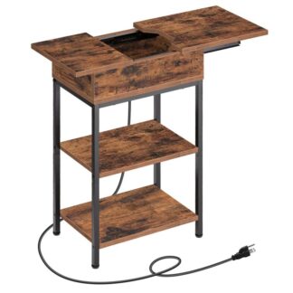 طاولة جانبية مع محطة شحن, طاولة نهاية ضيقة مع منافذ ومنافذ USB, منضدة للمساحات الصغيرة, غرفة نوم, غرفة الجلوس, مكتب, ريفي براون